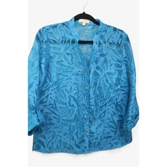 Choices Sheer Roll-Tabbed Sleeves Sheer Button Down Blouse-Size S-Linen Blend - Picture 1 of 7